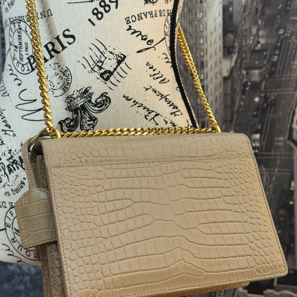 Saint Laurent Sunset Medium Croc-Embossed Leather Shoulder Bag in Dark Beige - Picture 7 of 16